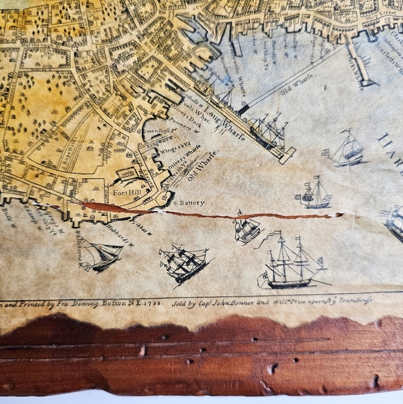 1835 Antique Primitive Map Wood Board Town of Boston New England By John Bonner - Picture 3 of 16